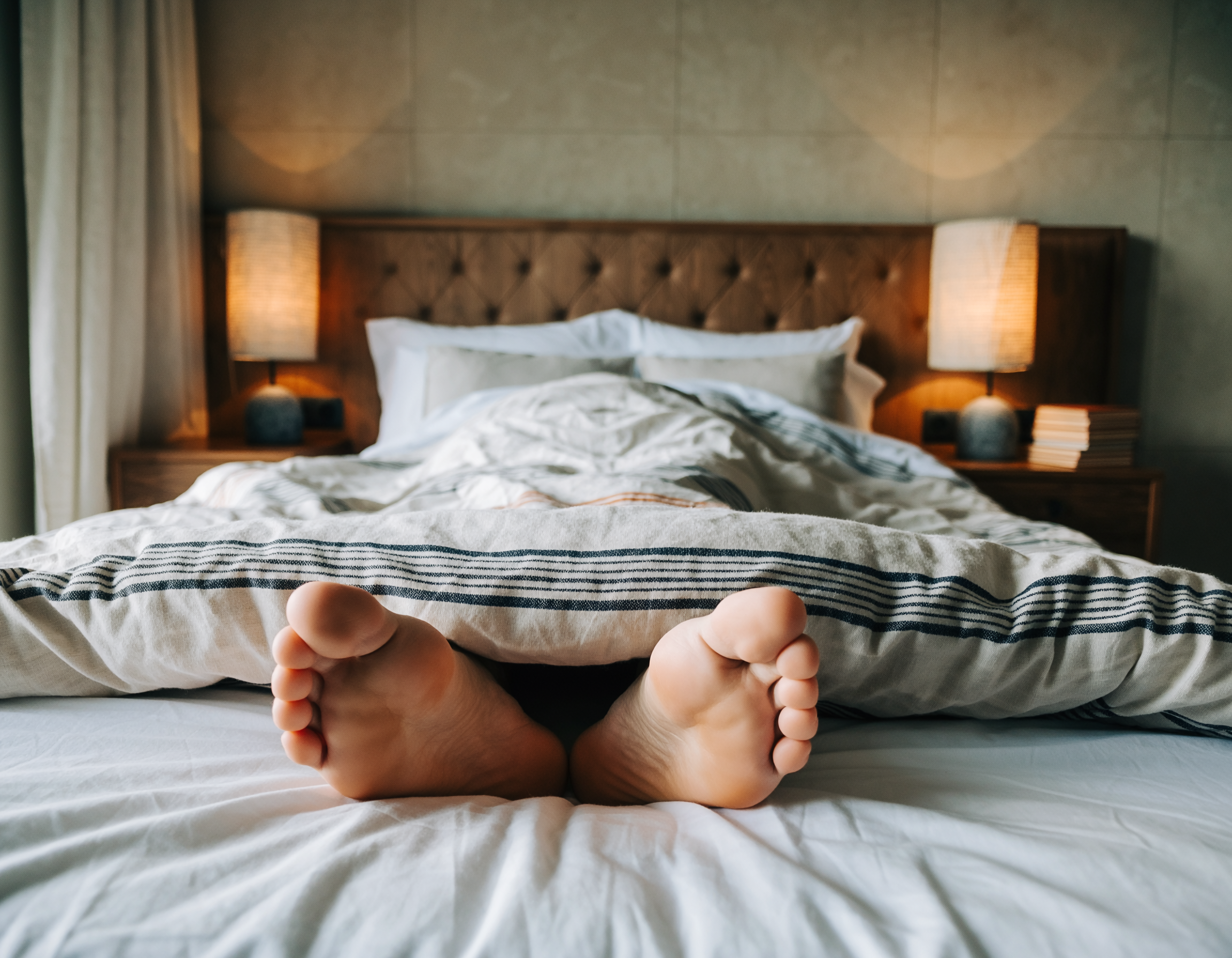 Voeten steken onder het dekbed uit in een warme slaapkamer met twee nachtlampjes, een rustgevende sfeer en zacht ochtendlicht.