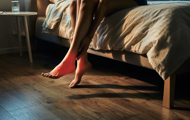 Vrouw zit op de rand van haar bed en masseert haar voeten in zacht ochtendlicht, met een glas water op het nachtkastje en een warme, ontspannen sfeer in de kamer.