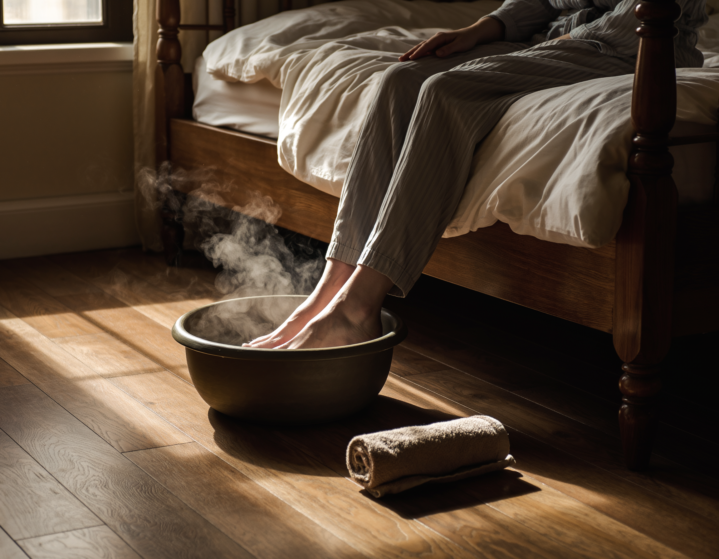 Persoon zit op de rand van het bed met de voeten in een kom met stoomend water, in een warme kamer met zacht avondlicht en een handdoek op de vloer.