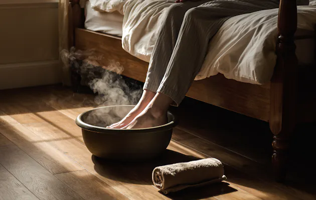 Persoon zit op de rand van het bed met de voeten in een kom met stoomend water, in een warme kamer met zacht avondlicht en een handdoek op de vloer.