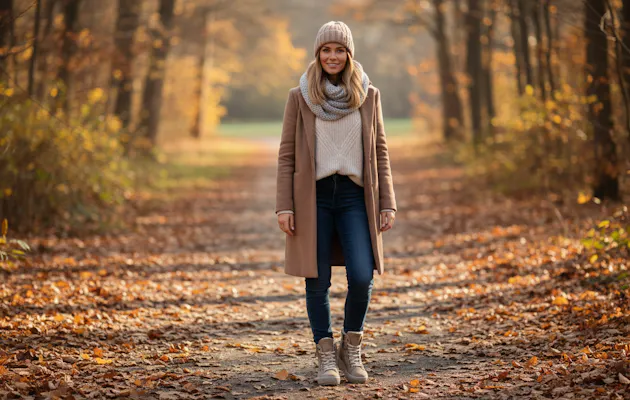 Vrouw die door een herfstbos wandelt in een beige jas, dikke trui en beige winterboots, omringd door vallende bladeren.