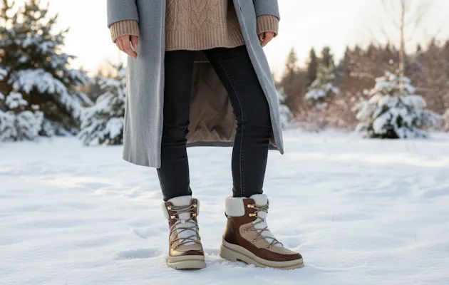 Vrouw staat in de sneeuw met beige-bruine winterboots, een lange grijze jas, donkere jeans en een warme gebreide trui in een besneeuwd landschap.