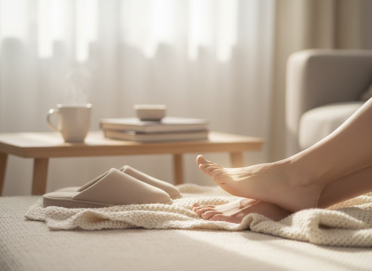 Blote voeten rustend op een plaid naast beige pantoffels, met een kop dampende koffie op een houten tafeltje in een zachte, lichte woonkamer.