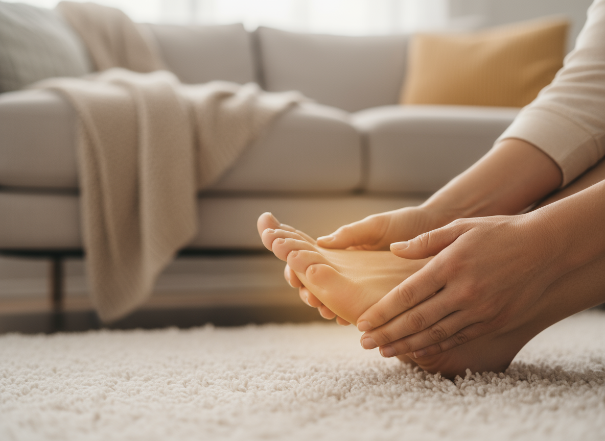 Close-up van handen die voorzichtig een voet masseren op een zacht vloerkleed, met een beige bank en plaid op de achtergrond in een warme woonkamer.