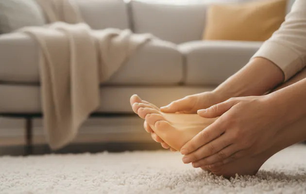 Close-up van handen die voorzichtig een voet masseren op een zacht vloerkleed, met een beige bank en plaid op de achtergrond in een warme woonkamer.