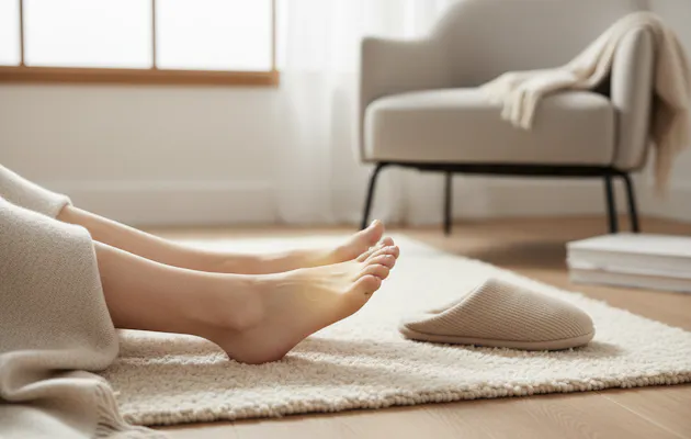 Blote voeten die rusten op een zacht, beige vloerkleed met een pantoffel ernaast, in een lichte en knusse woonkamer met een fauteuil op de achtergrond.
