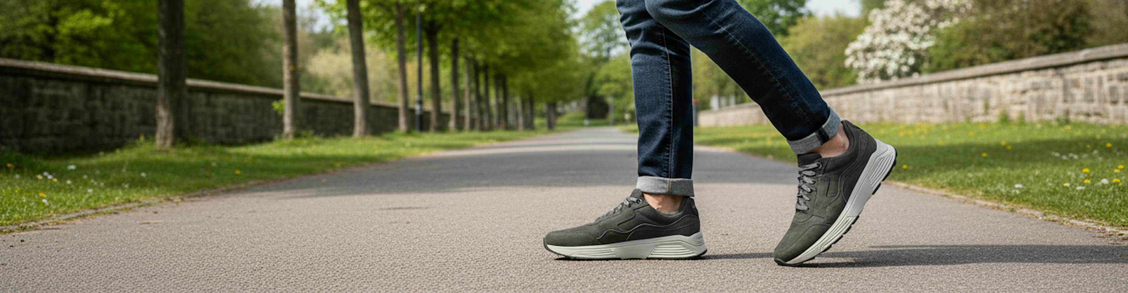 Man die buiten wandelt in grijze wandelschoenen, op een groene lommerrijke laan met een ontspannen, frisse sfeer.