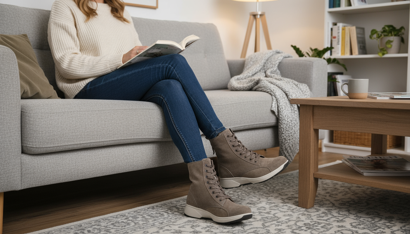 Vrouw die binnen op de bank een boek leest met taupe veterlaarzen aan, in een warme en huiselijke setting met een houten salontafel en zachte plaid.