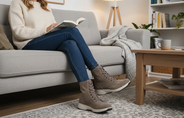 Vrouw die binnen op de bank een boek leest met taupe veterlaarzen aan, in een warme en huiselijke setting met een houten salontafel en zachte plaid.