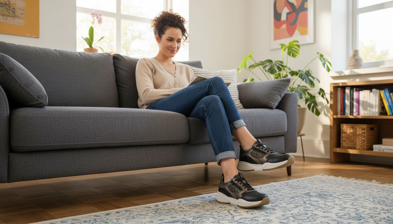Vrouw die ontspannen op de bank een boek leest, terwijl ze zwarte comfortabele dames sneakers draagt in een lichte, huiselijke woonkamer met planten en een vloerkleed.