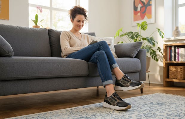 Vrouw die ontspannen op de bank een boek leest, terwijl ze zwarte comfortabele dames sneakers draagt in een lichte, huiselijke woonkamer met planten en een vloerkleed.