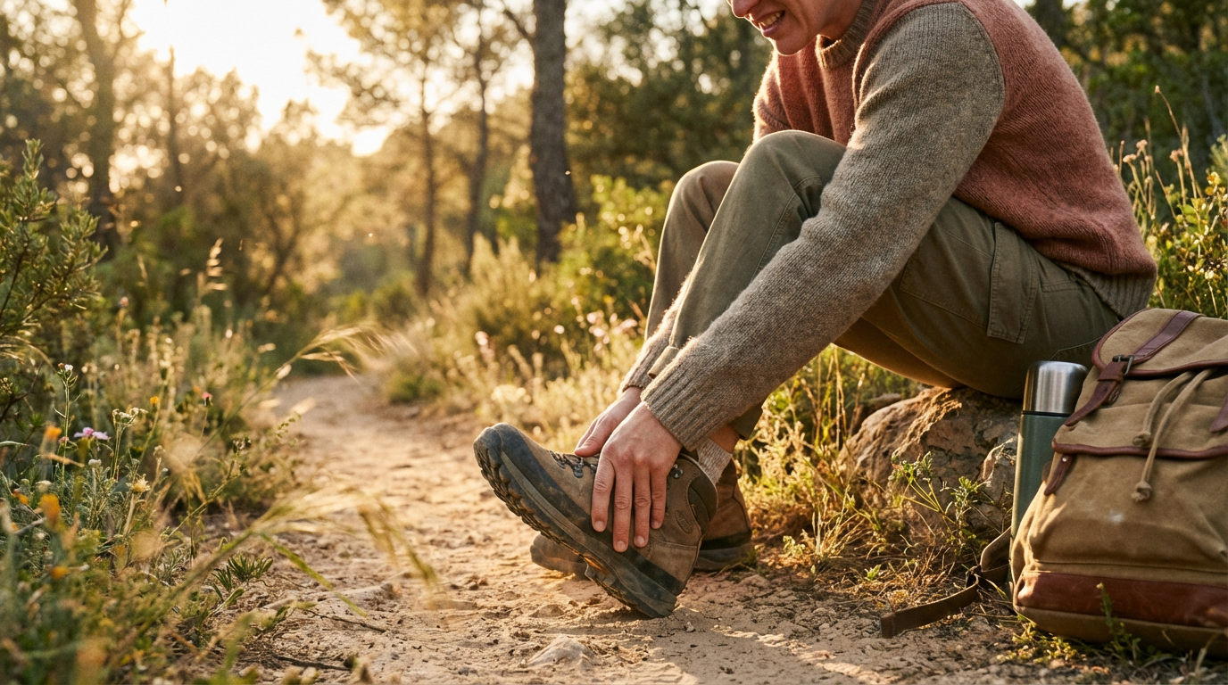 Man zit langs een zandpad in de natuur en trekt zijn stevige bergwandelschoenen aan, met een rugzak en thermos naast zich in het warme avondlicht.