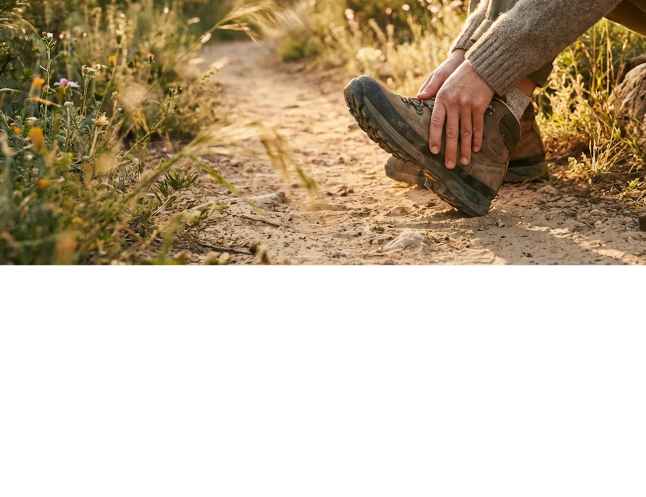 Man zit langs een zandpad in de natuur en trekt zijn stevige bergwandelschoenen aan, met een rugzak en thermos naast zich in het warme avondlicht.