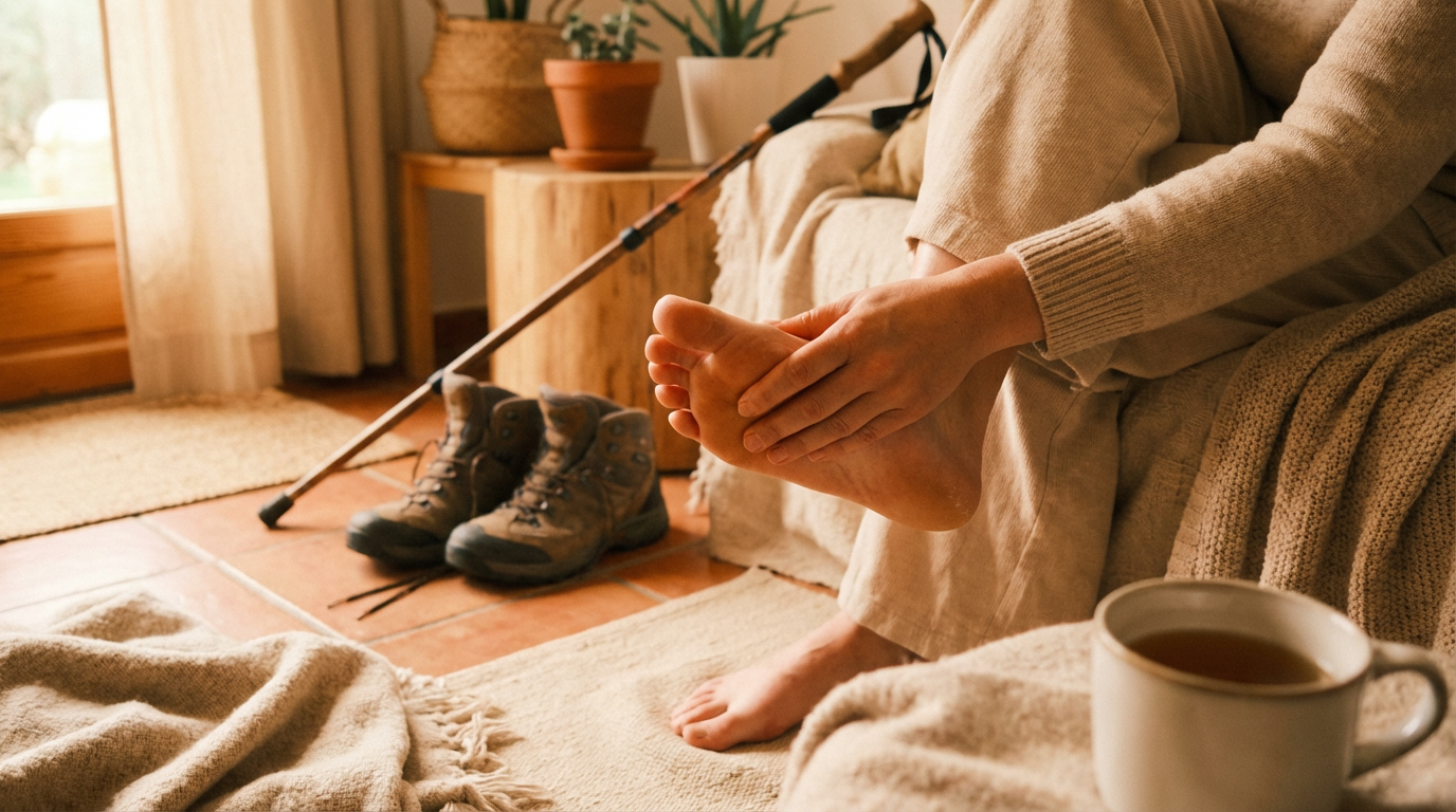 Persoon masseert zijn voet na een lange wandeling, met wandelschoenen en wandelstokken op de achtergrond in een warme, huiselijke setting.