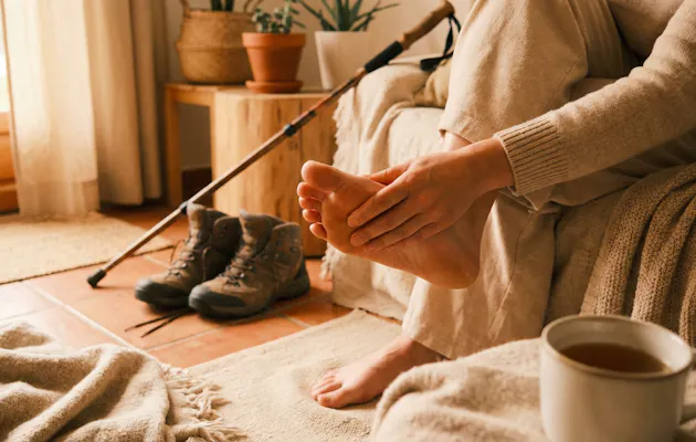 Persoon masseert zijn voet na een lange wandeling, met wandelschoenen en wandelstokken op de achtergrond in een warme, huiselijke setting.