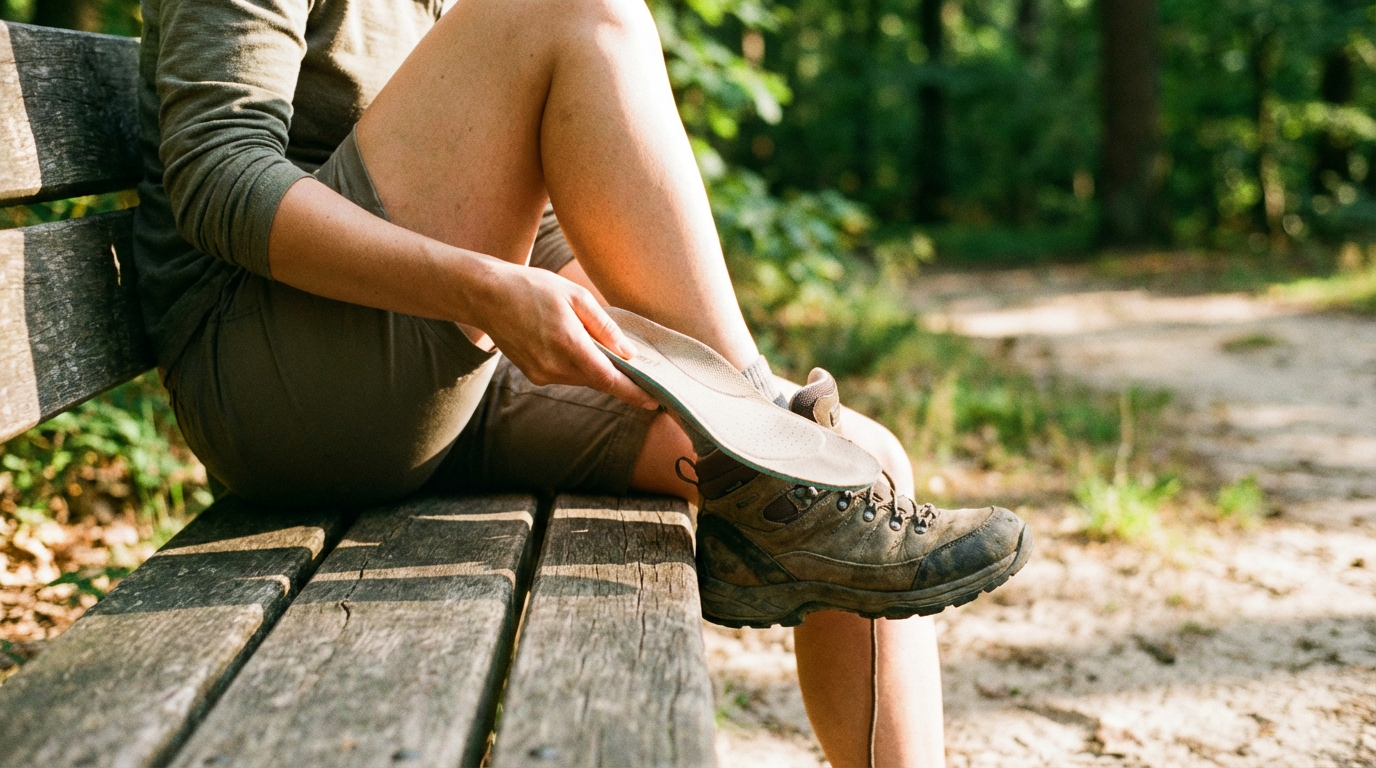 Persoon haalt een inlegzool uit een wandelschoen terwijl hij op een bankje in het bos zit, tijdens een pauze van het wandelen.