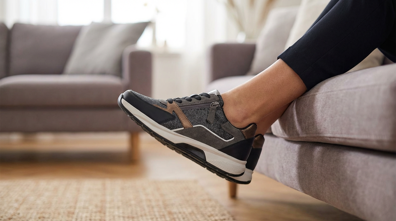 Vrouwelijk been met grijs-bruine sneaker met rits, ontspannen omhoog gehouden terwijl ze op een bank zit in een warme, huiselijke woonkamer.