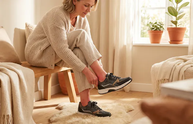Vrouw die grijs-bruine sneakers aantrekt terwijl ze op een houten bankje zit in een warme, beige woonkamer met zachte plaids en kamerplanten.