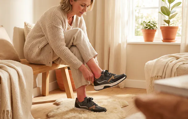 Vrouw die grijs-bruine sneakers aantrekt terwijl ze op een houten bankje zit in een warme, beige woonkamer met zachte plaids en kamerplanten.