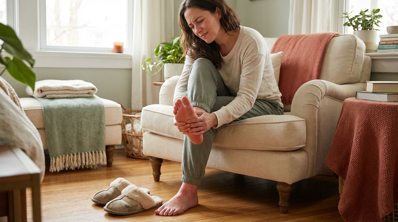 Vrouw die haar voet vasthoudt vanwege pijn terwijl ze op een beige fauteuil zit in een warme, huiselijke woonkamer met sloffen op de vloer.